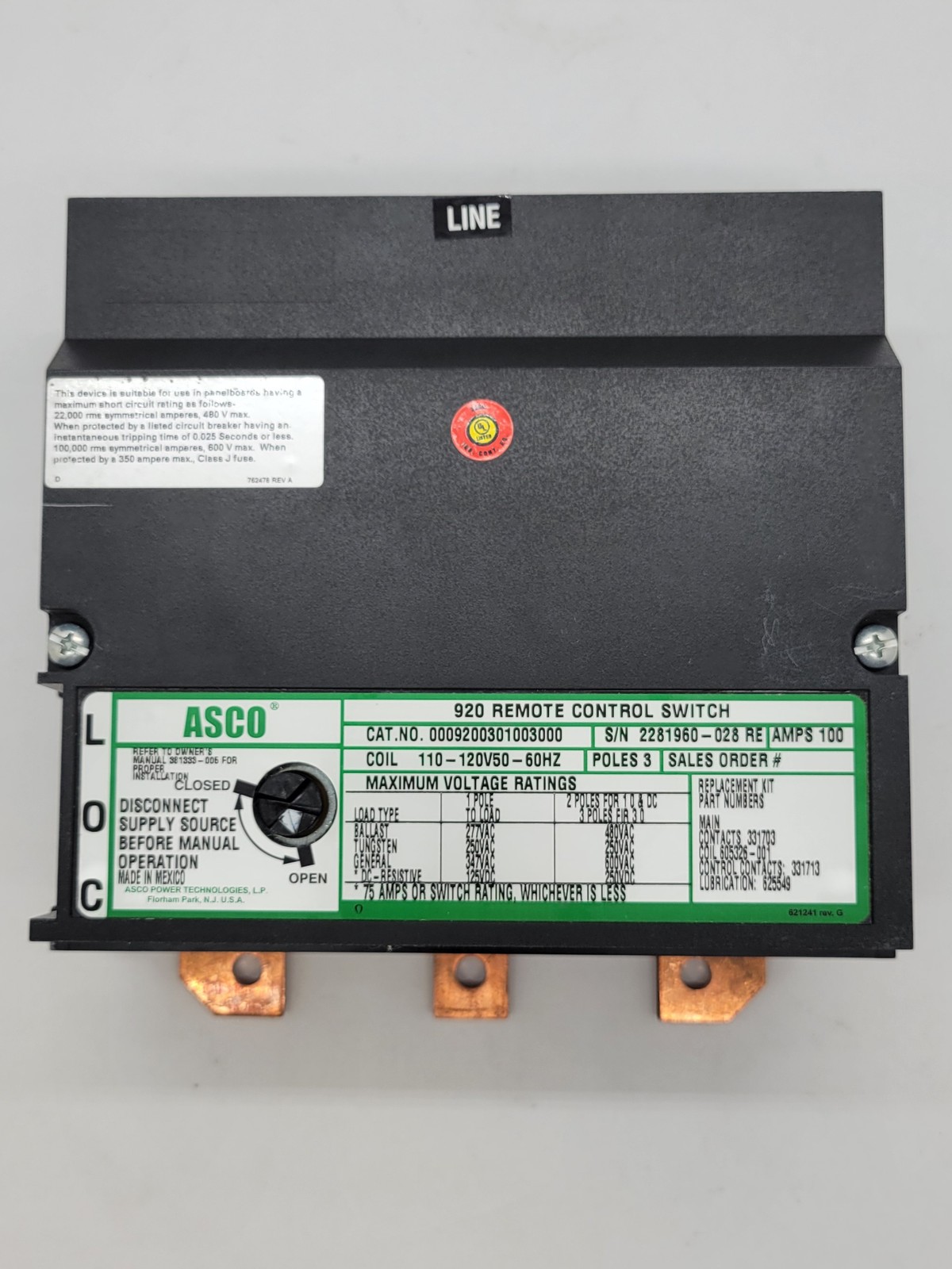 100 Amp. Asco #9200301003000-920, Remote Control Switch, 3P, 110/120 Volts - Image 5