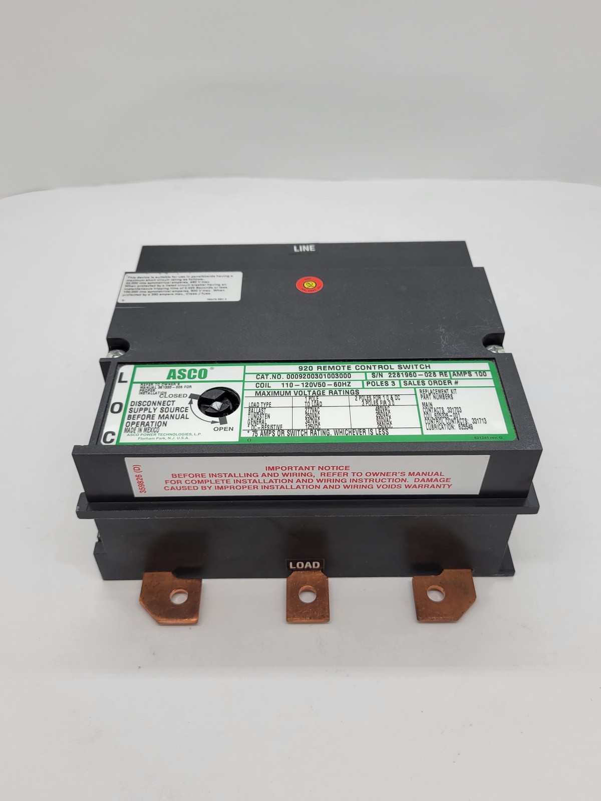 100 Amp. Asco #9200301003000-920, Remote Control Switch, 3P, 110/120 Volts - Image 6