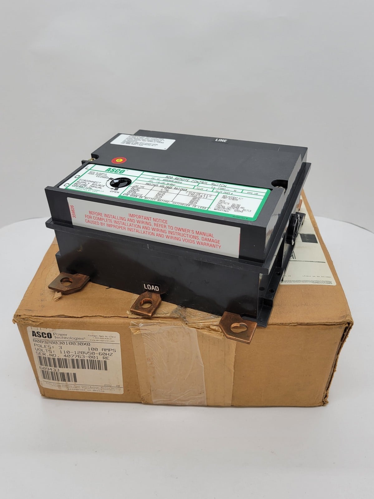 100 Amp. Asco #92003010030X0-920, Remote Control Switch, 3P, 110/120 Volts, unused - Image 1