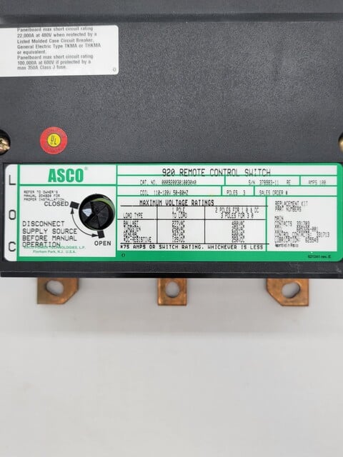 100 Amp. Asco #92003010030X0-920, Remote Control Switch, 3P, 110/120 Volts, unused - Image 3