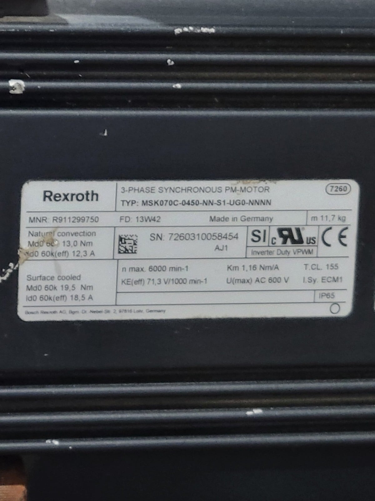 Rexroth #MSK070C-0450-NN-S1-UG0-NNNN, Synchronous PM Motor, 600 Volts, 3PH - Image 2