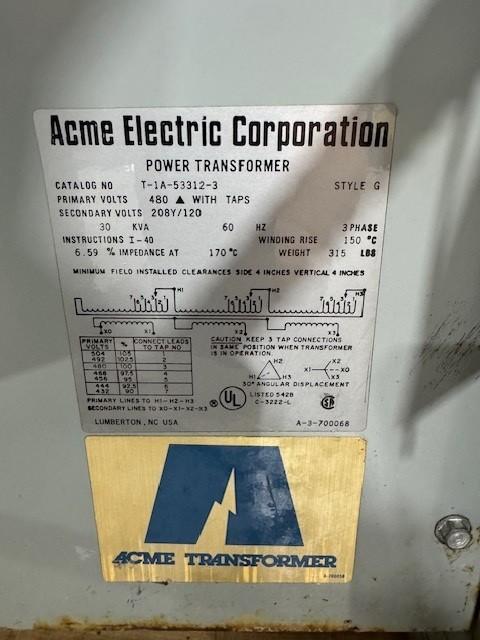 30 KVA, 480 Primary, 208Y/120 Secondary Acme #T-1A-53312-3, transformer - Image 4