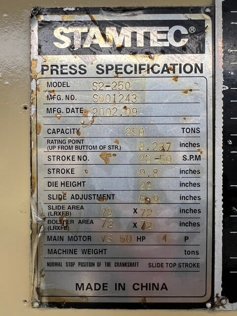 250 Ton, Stamtec #S2-250, straight side double crank press, 9.8" stroke, 22" die height, 5.9" adj., 20-50 - Image 10