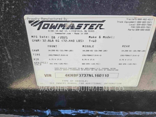 Towmaster T-60DT, Trailer, S/N: 4KNBF3737NL160110, 2021 - Image 5