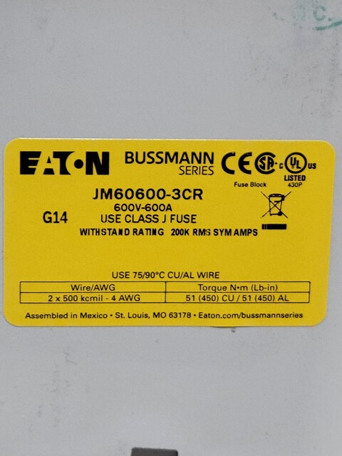 Eaton #JM60600-3CR, Modular Fuse Holder Block, 600A, 3P, Class J, unused - Image 3
