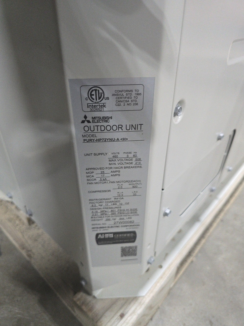 6 Ton, Mitsubishi #PURY-HP72YNU-A, 72000 BTU, outdoor unit, VRF, heat pump, 460 V., 3-phase, R-410A, new - Image 4