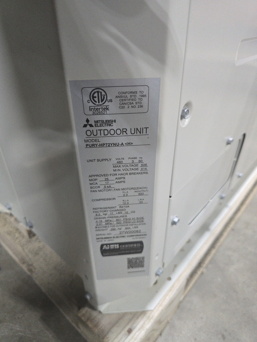 6 Ton, Mitsubishi #PURY-HP72YNU-A, 72000 BTU, outdoor unit, VRF, heat pump, 460 V., 3-phase, R-410A, new - Image 5