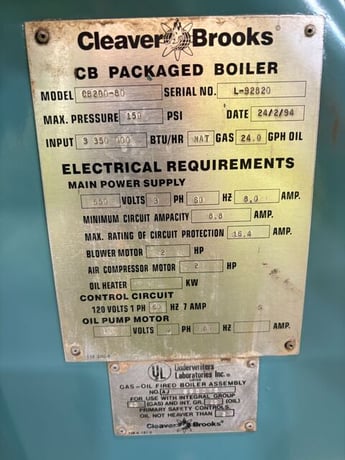 80 HP Cleaver-Brooks #CB200-80, packaged boiler, 3.35M BTU, 150 PSI, 1994 - Image 4