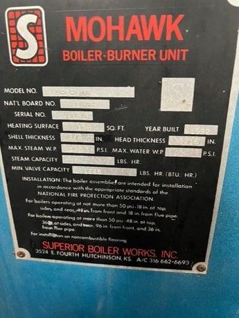 30 HP Superior Mohawk #4-X-156, nat gas firetube boiler, 150 PSI, 1992 - Image 5