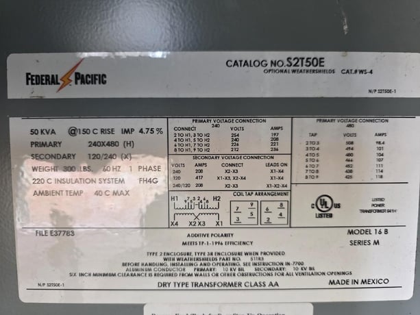 50 KVA 240/480 Primary, 120/240 Secondary, Federal Pacific Single Phase Transformer - Image 1