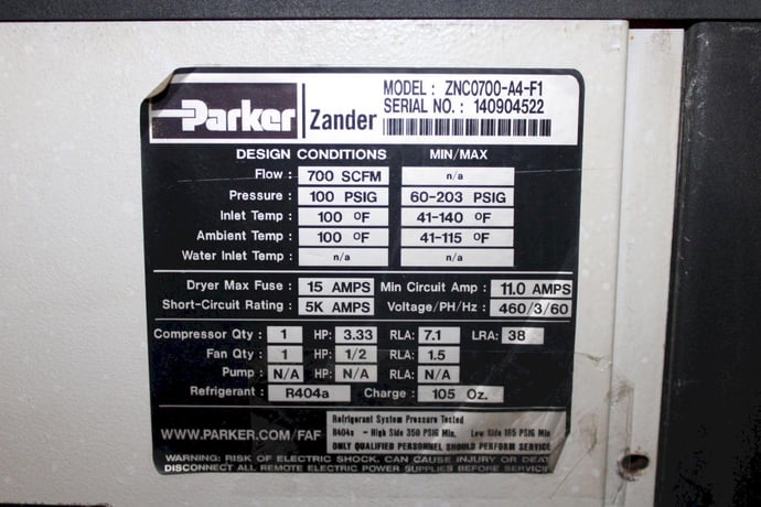 700 cfm, 100&deg;F, 100 psig, Parker Zander, refr. dryer air compressor, R 404 refrigerant - Image 8