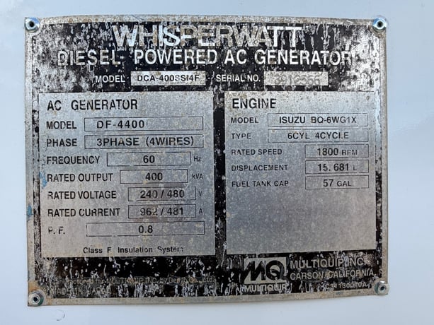 Multiquip Whisperwatt #DCA400SSI4F, 240/480 Volts diesel generator 6698 hours 400 KVA - Image 5