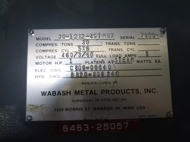30 Ton, Wabash #30-1212-4STMBX, 4-Post Hydraulic Lab Press, 12" x 12" steam heated/water cooled platens - Image 2