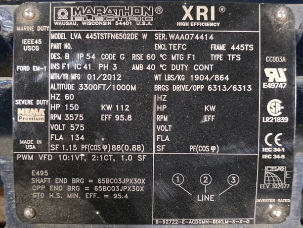 150 HP 3600 RPM Marathon, Frame 445TS, TEFC BB, 575 Volts, New Surplus - Image 3