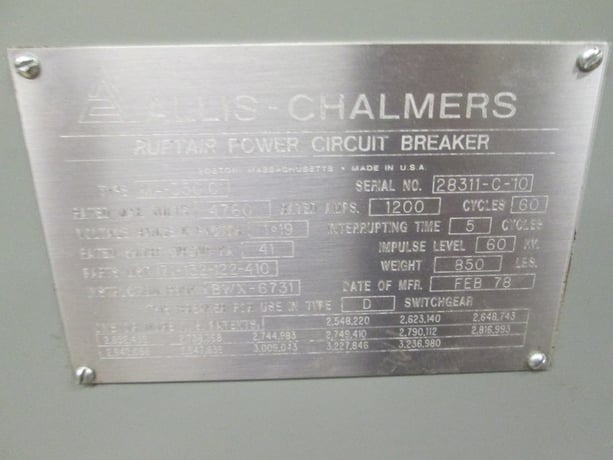 1200 Amps, Allis-Chalmers, MA-350C-1, 4.76KV, electrically operated, drawout - Image 2