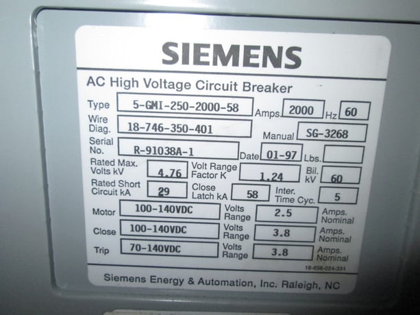 2000 Amps, Siemens, -5-gmi- 250-2000-58, 4.76KV, 100-140 VDC - Image 2