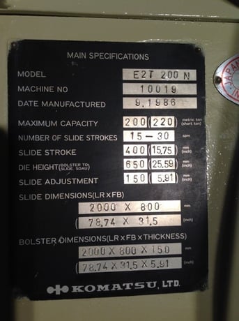 220 Ton, Komatsu #E2T-200N, Eccentric Gear 2 Pt Stainless Steel Press, 15" stroke, 17.72" die height, air - Image 8