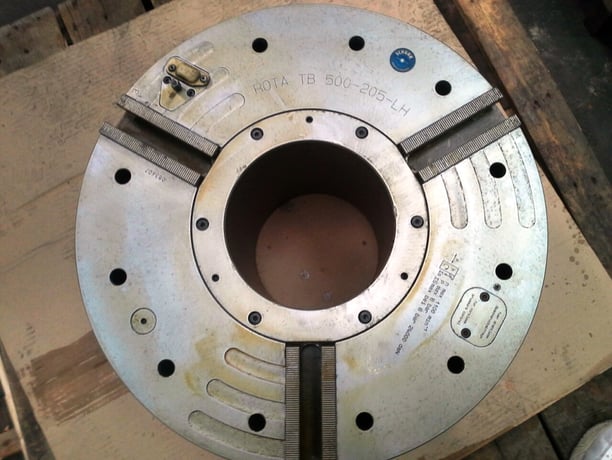 20" Schunk #TB-500-230-LH 3-jaw extended stroke air chuck, 8" hole, 1" travel per jaw, excellent condition - Image 1