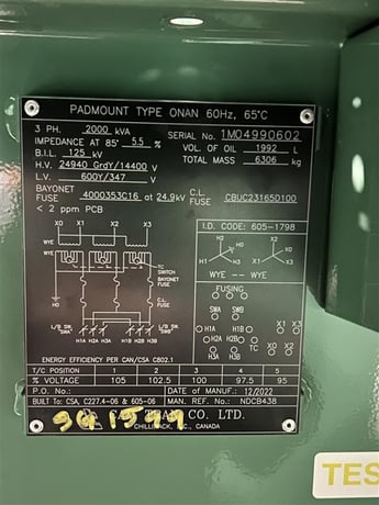 2000 KVA 24940Y Primary, 600Y Secondary, Surplec Transformer - Image 3