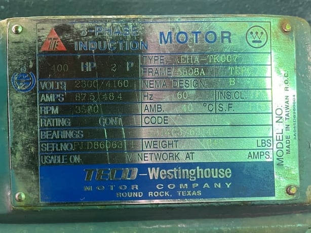 400 HP 3600 RPM Teco Westinghouse, Frame 5808A, TEFC BB, 2300/4160 Volts - Image 3