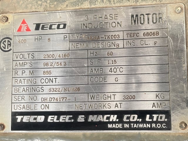 400 HP 900 RPM Teco, Frame 6806B, TEFC BB, 2300/4160 Volts - Image 3