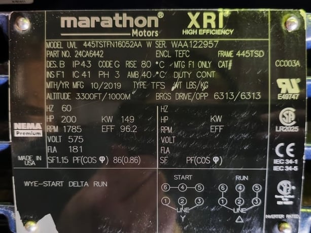 200 HP 1800 RPM Marathon, Frame 445TSD, TEFC BB, 575 Volts, New Surplus - Image 3