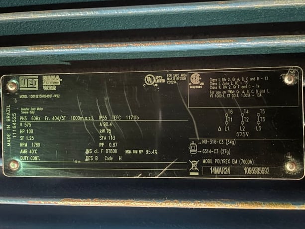 100 HP 1800 RPM Weg, Frame 404/5T, TEFC BB, 575 Volts, New Surplus - Image 3