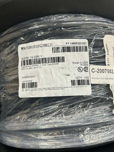 AutomationDirect Electrical Cable SOOW-16-3BK-1 16 AWG, 3 Conductor, 100 Ft, Type SOOW, 600V - Image 3