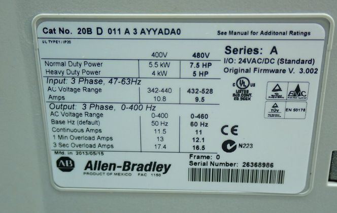 Allen-Bradley #20BD011A3AYYADA0, AC Drive Unit, 3 Phase, 60 Hz, 7.5 HP, 11 Amps, 480 VAC - Image 7