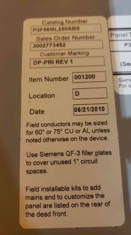 250 Amp. Siemens P3 #P3F56ML250ABS, Panelboard, HEB3B125/HEB3B020 Breakers, 3 Phase, 480 Volts - Image 6