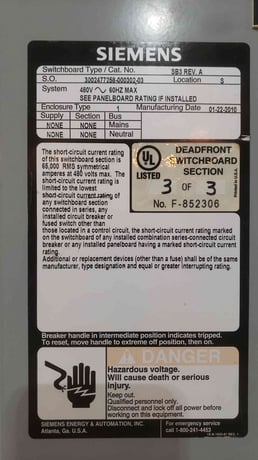 Siemens SB3, Switchboard, 45 KVA Transformer, P1 Panelboard, NGB Breakers, 480 Volts, 3 Phase, 2010 - Image 4