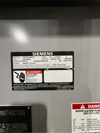 Siemens, Maintenance Bypass Panel, MBP, (3) 400A Breakers, Kirk Key, 480/277 Volts - Image 3