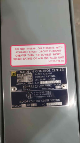 Square D, #4, Motor Control Center, MCC, 3 Section, 300/600 Amp., 600 VAC - Image 5