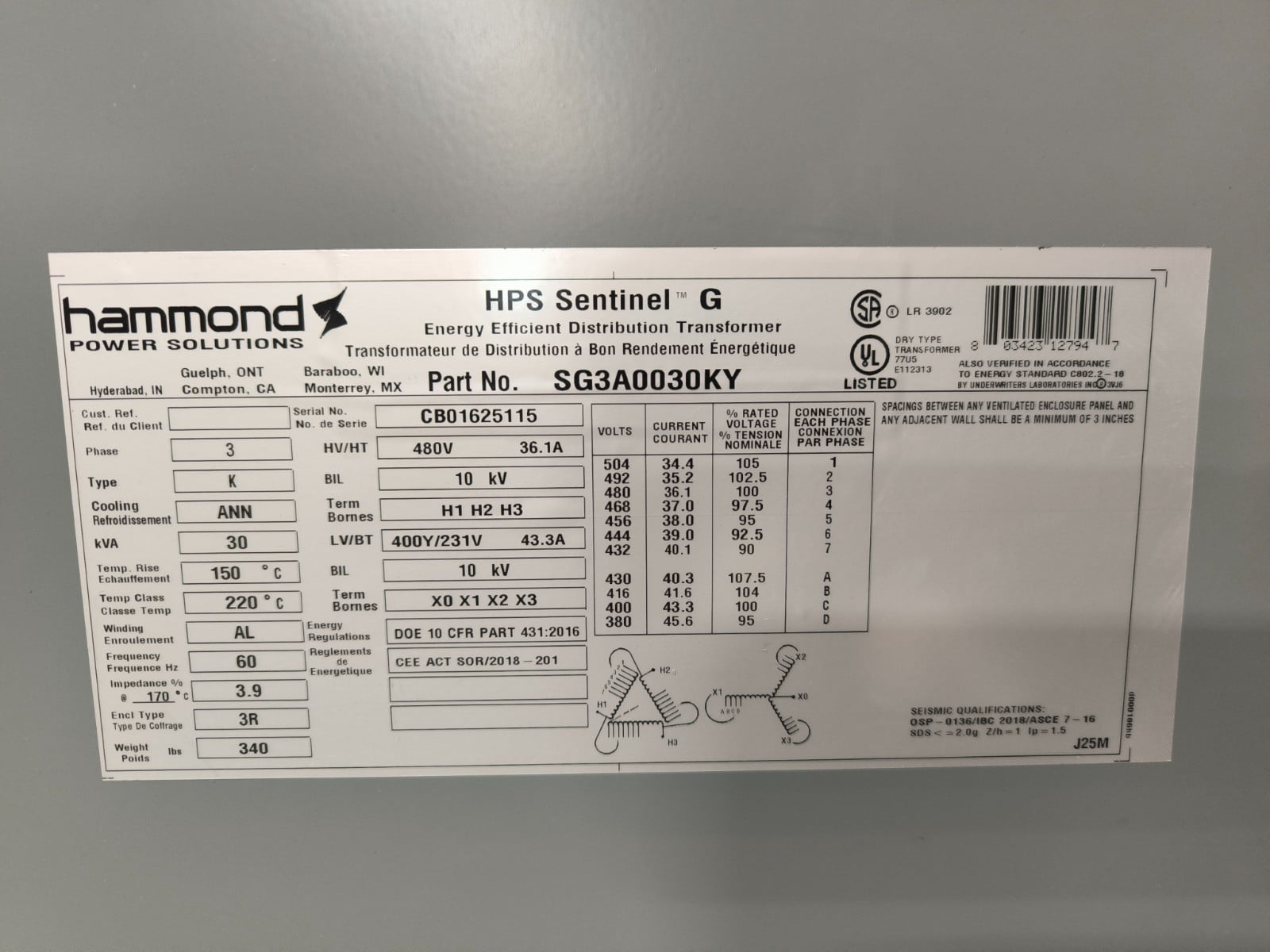 30 kVA, 480 Primary, 400Y/231 Secondary Hammond #SG3A0030KY, HPS Sentinel Transformer, 63.1-43.3A, 3PH - Image 2
