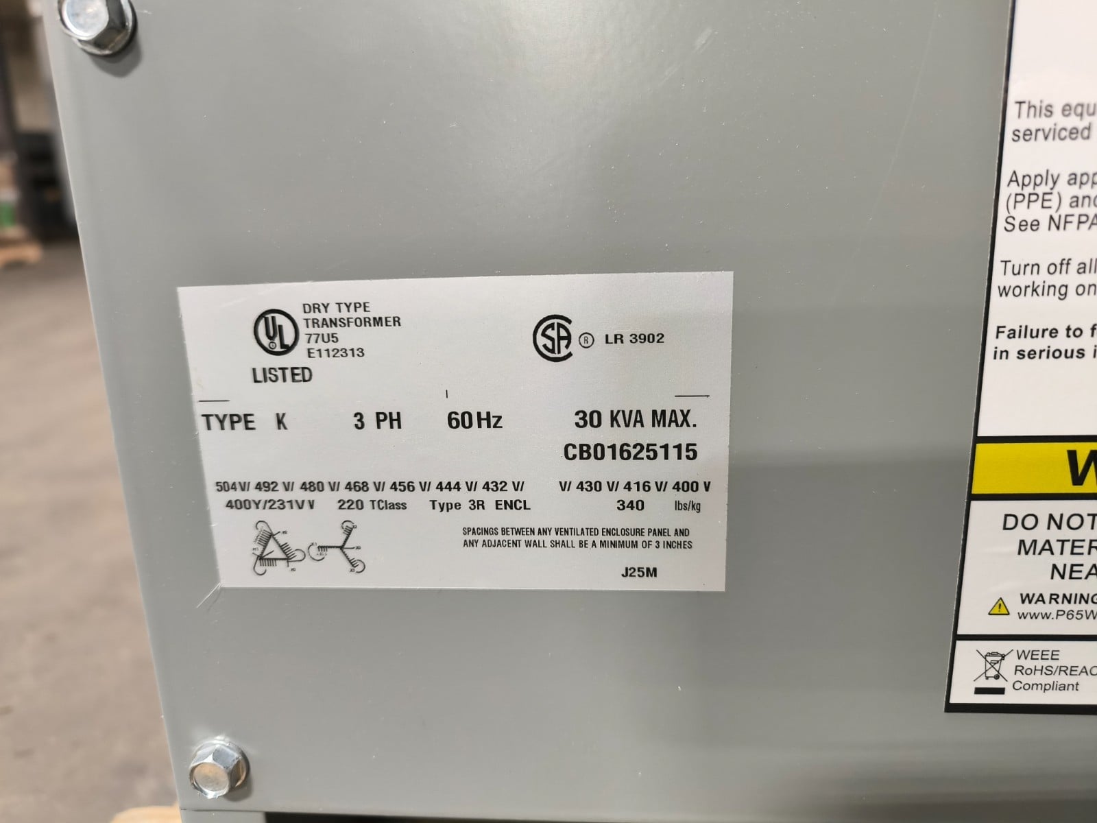 30 kVA, 480 Primary, 400Y/231 Secondary Hammond #SG3A0030KY, HPS Sentinel Transformer, 63.1-43.3A, 3PH - Image 5