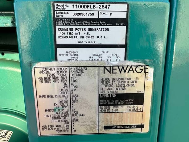 1100 KW Cummins #DFLB, diesel generator set, 277/480 Volts, 2269 hours, 1620 HP @ 1800 RPM, KTA50-G2 engine - Image 9