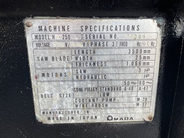 10" x 11" Amada #HA-250, Horiz Band Saw, 1" x 0.037" x 11' 6" blade, 5 HP, 27-250 FPM, 1996 - Image 5