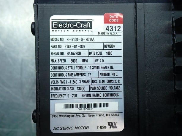 2.5 KW Electro-Craft #H-6100-Q-H01AA, Brushless Servo Motor, 3 Phase, 3000 RPM, 17 Amps, 240 V, No Box, New - Image 8