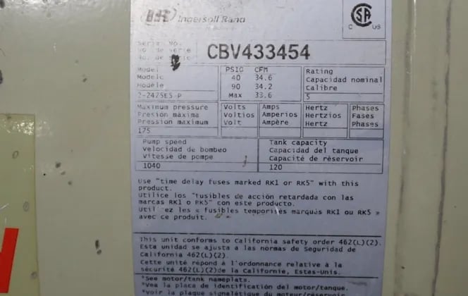 33.6 cfm, 175 psig, Ingersoll-Rand #2-2475E5-P, Air Compressor, 120 gallon Tank, 3 & 5 HP, 1465/1750 RPM - Image 7
