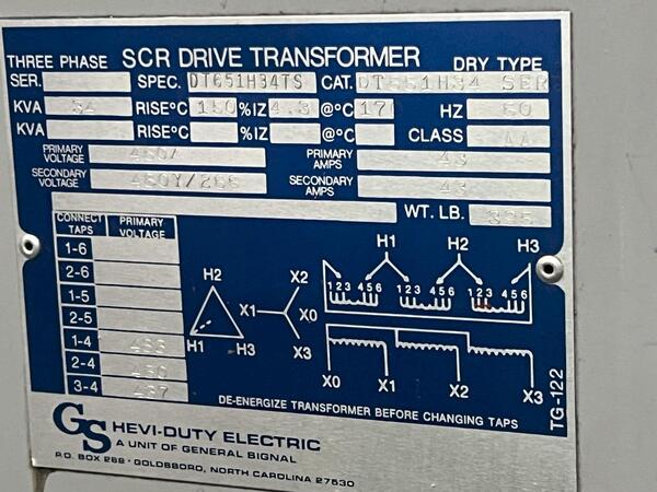 34 KVA 450 Primary, 450Y/266 Secondary, Hevi Duty SCR driver transformer, 3-phase - Image 2