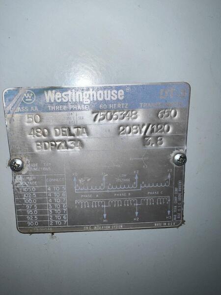 50 KVA 480 Primary, 208Y/120 Secondary, Westinghouse, BDP7134, transformer, 3-phase - Image 4
