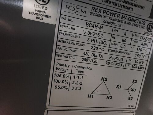 4 KVA 480 Delta Primary, 208Y/120 Secondary, Rex Power Magnetics #BC4H-M, transformer, 2022 - Image 1