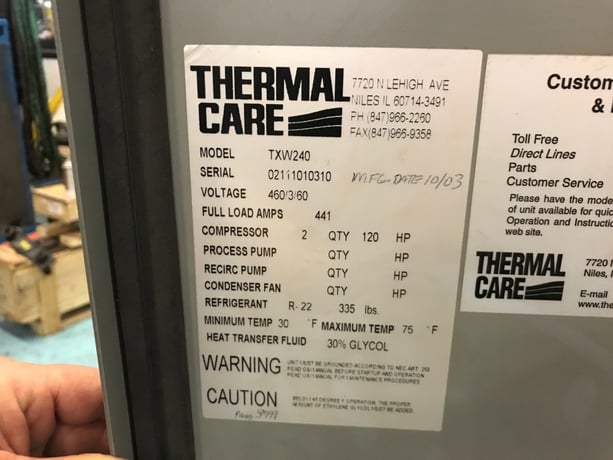 240 Ton, Thermal Care #TXW-240, water-cooled chiller, R-22 dual, 120 HP hermetic screws, 2003 - Image 2