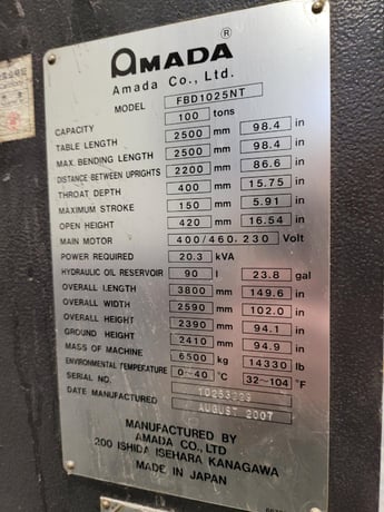 100 Ton, Amada FBD1025NT CNC Press Brake, 98.4" Max Bending Length - Image 2