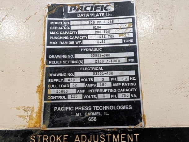 250 Ton, Pacific Pressformer #250PF-OBS, hydraulic press - Image 4
