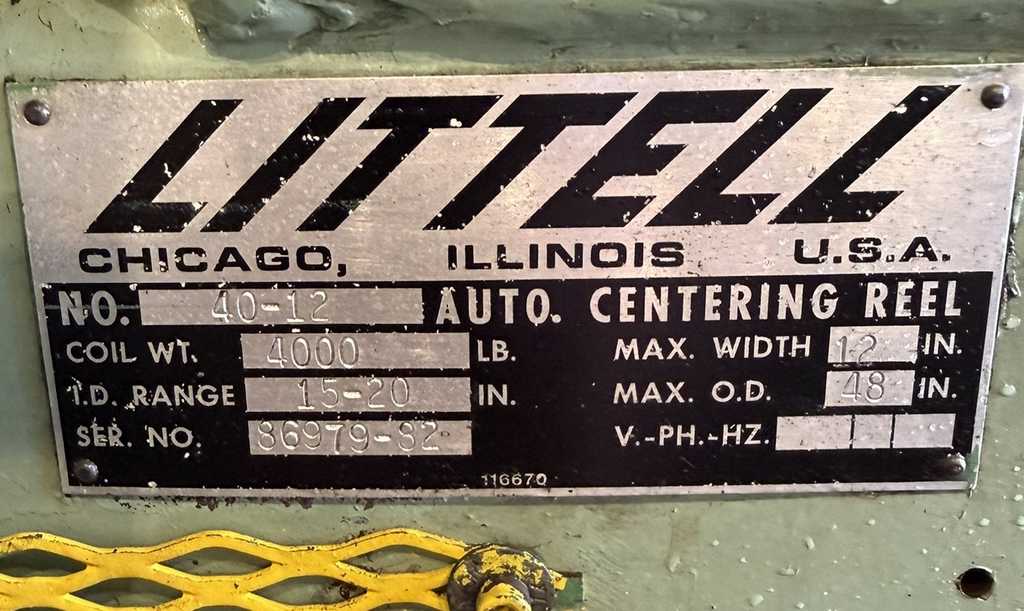 4000 lb. Littell #40-12, uncoiler, 12" width, 48" outside dimensions, 15"-20" ID, manual expansion - Image 6