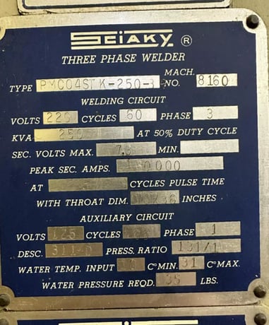 250 KVA Sciaky #PMCO4STK-250-36, press type spot welder, 36" throat,, 460/3/60V., Intertron MC302A Micro - Image 2