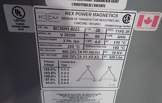 30 KVA, 460 Delta Primary, 208 Delta Secondary Rex #BC30H1-B/Z3, Transformer, 3ph, Type 3R - Image 8