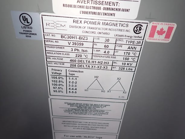 30 KVA, 460 Delta Primary, 208 Delta Secondary Rex #BC30H1-B/Z3, Transformer, 3ph, Type 3R - Image 8
