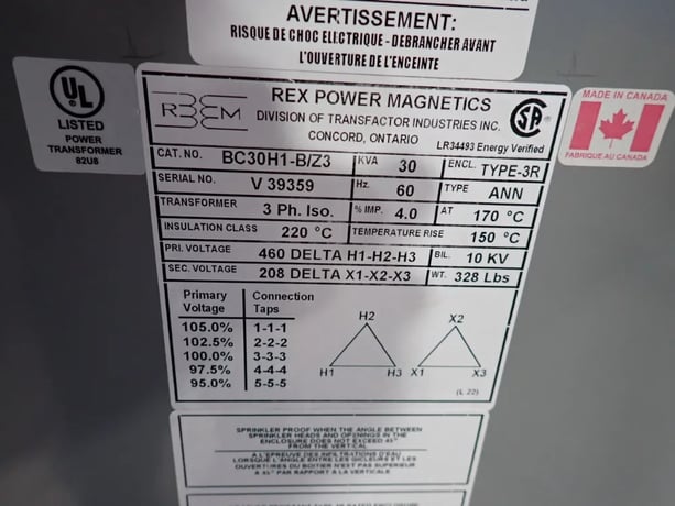 30 KVA, 460 Delta Primary, 208 Delta Secondary Rex #BC30H1-B/Z3, Transformer, 3ph, Type 3R - Image 9